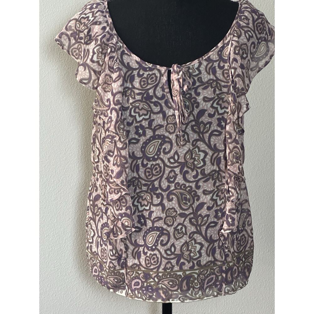 American Eagle Outfitters L Sheer Paisley Ruffle‎ Cap Sleeve Keyhole Neck Top